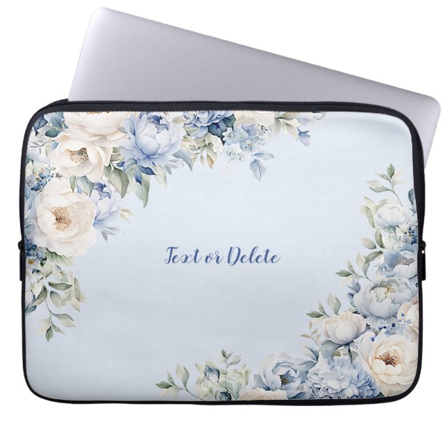 Dusty Blue Waterverf Ivoren Bloemen Bladeren Laptop Sleeve (Voorkant)