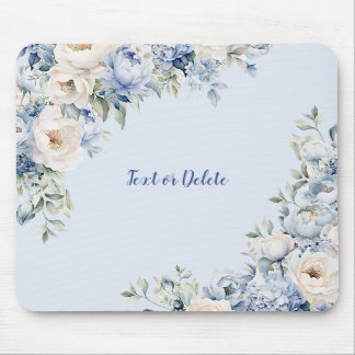 Dusty Blue Waterverf Ivoren Bloemen Bladeren Muismat