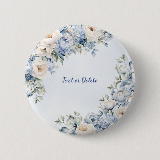 Dusty Blue Waterverf Ivoren Bloemen Bladeren Ronde Button 5,7 Cm