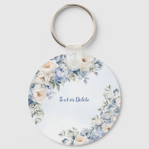 Dusty Blue Waterverf Ivoren Bloemen Bladeren Sleutelhanger