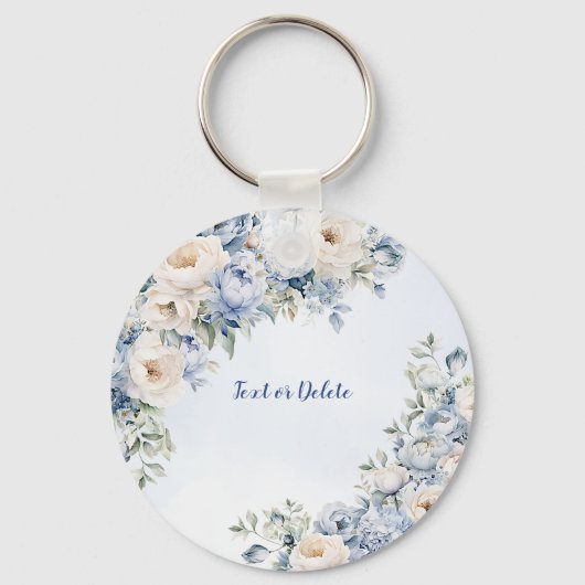Dusty Blue Waterverf Ivoren Bloemen Bladeren Sleutelhanger (Voorkant)