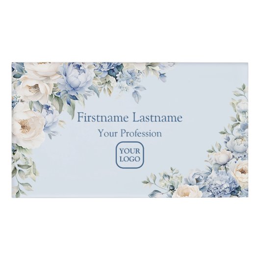 Dusty Blue Waterverf Ivory Flowers Leaves Rustic Naambadge (Voorkant)