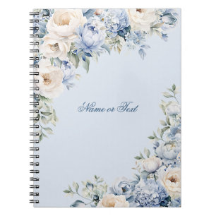 Dusty Blue Waterverf Ivory Flowers Leaves Rustic Notitieboek