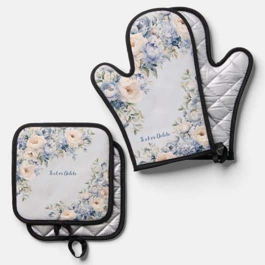 Dusty Blue Waterverf Ivory Flowers Leaves Rustic Ovenwant & Pannenlap Set (Voorkant / Achterkant)