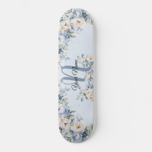 Dusty Blue Waterverf Ivory Flowers Leaves Rustic Persoonlijk Skateboard