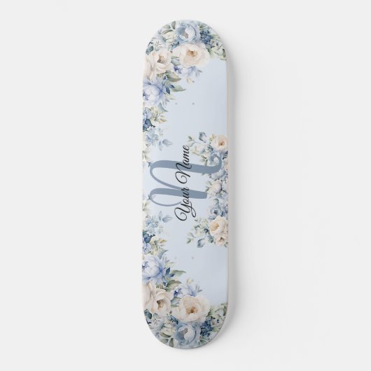 Dusty Blue Waterverf Ivory Flowers Leaves Rustic Persoonlijk Skateboard (Voorkant)