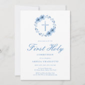 Dusty Blue Waterverf Krans Eerste Communie Kaart (Voorkant)