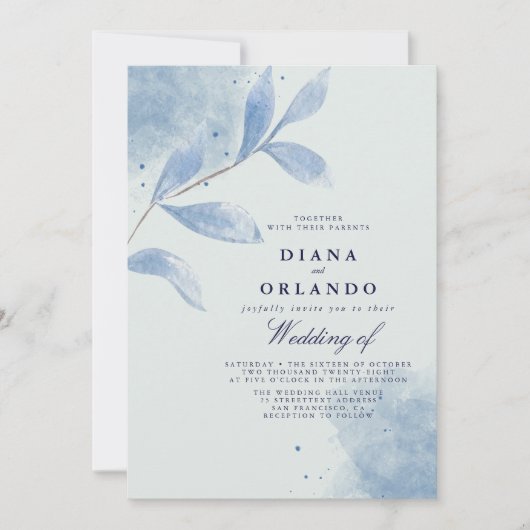 Dusty Blue Waterverf Leaf Wedding Invitation Kaart (Voorkant)