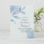 Dusty Blue Waterverf Leaf Wedding Invitation Kaart (Staand voorkant)