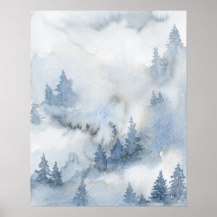 Dusty Blue Waterverf Misty Abstract Forest Poster