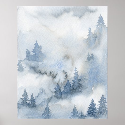 Dusty Blue Waterverf Misty Abstract Forest Poster (Voorkant)