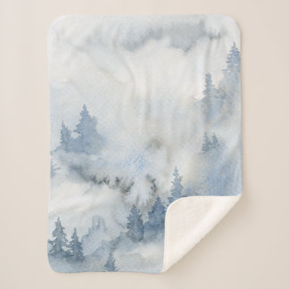 Dusty Blue Waterverf Misty Abstract Forest Sherpa Deken