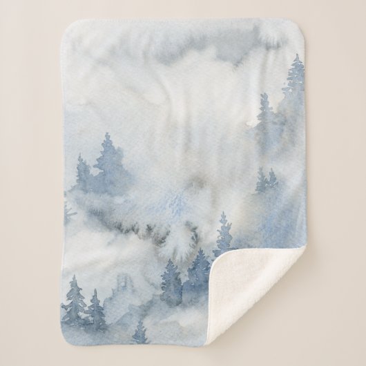 Dusty Blue Waterverf Misty Abstract Forest Sherpa Deken (Voorkant)