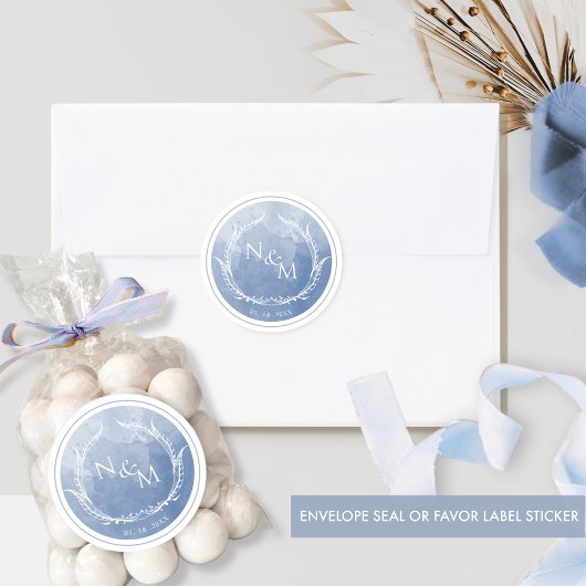 Dusty Blue Waterverf Monogram Envelope Seal/Favor Ronde Sticker