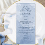 Dusty Blue Waterverf Monogrammed Wedding Menu<br><div class="desc">Verras uw gasten met dit prachtige stoffige blauw-blauwe waterverf monogram huwelijksmenu, met een elegant handgetekende botanische monogram met de initialen van het paar over een prachtige waterverf wasachtergrond in een prachtige mix van stoffige blauw en blauw tinten. Gemakkelijk de sjabloon in te vullen met uw gegevens en menu, en bestel...</div>