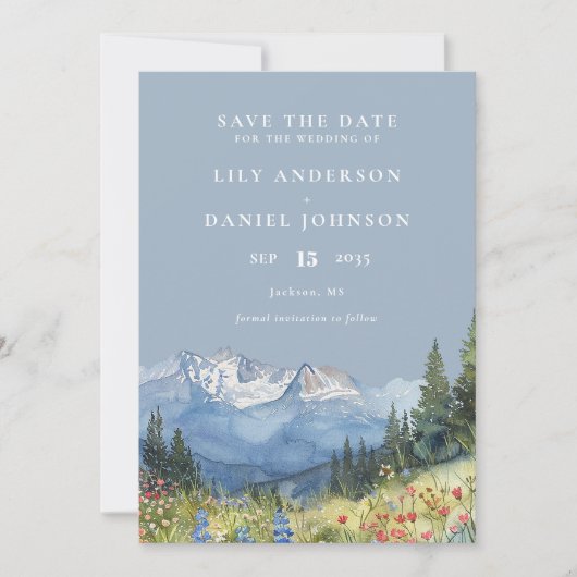 Dusty Blue Waterverf Mountain Fotobruiloft Save The Date (Voorkant)