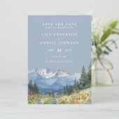 Dusty Blue Waterverf Mountain Fotobruiloft Save The Date (Staand voorkant)