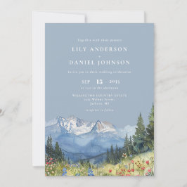 Dusty Blue Waterverf Mountain QR Code Wedding Kaart