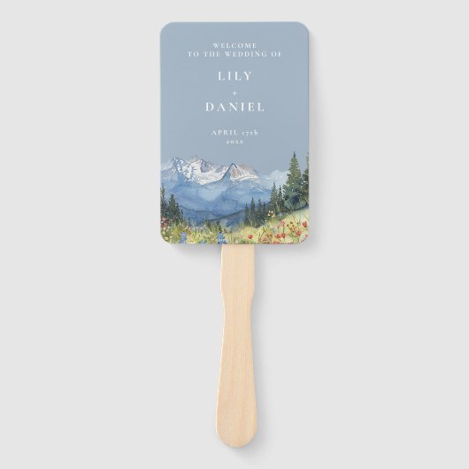 Dusty Blue Waterverf Mountain Wedding Program Handwaaier (Voorkant)