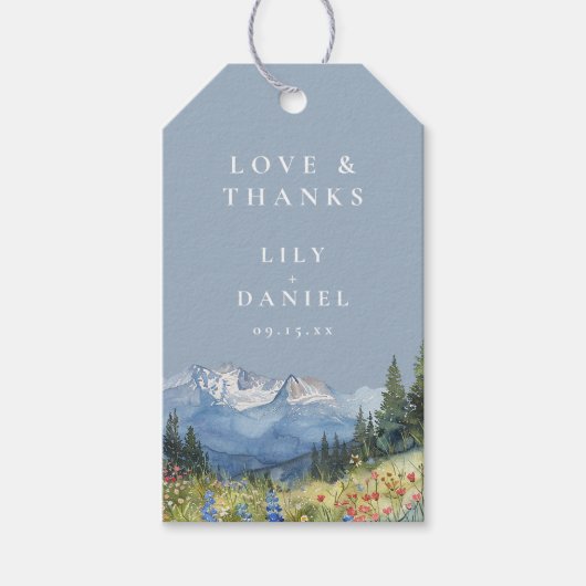 Dusty Blue Waterverf Mountain Wildflower Wedding Cadeaulabel (Voorkant)