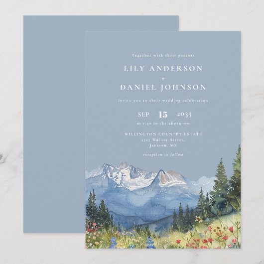 Dusty Blue Waterverf Mountain Wildflower Wedding Kaart (Voorkant / Achterkant)