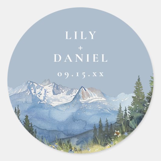 Dusty Blue Waterverf Mountain Wildflower Wedding Ronde Sticker (Voorkant)