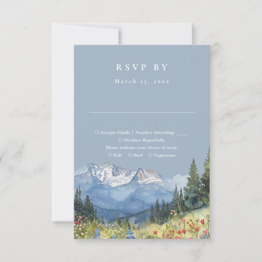 Dusty Blue Waterverf Mountain Wildflower Wedding RSVP Kaartje (Voorkant)