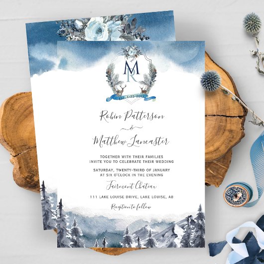 Dusty Blue Waterverf Mountains and Crest, Wedding Kaart
