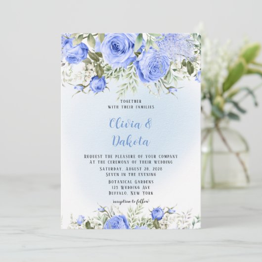 Dusty Blue Waterverf Peony Blossom Chic Wedding Kaart (Staand voorkant)