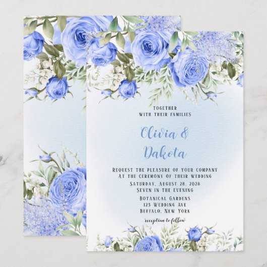 Dusty Blue Waterverf Peony Blossom Chic Wedding Kaart (Voorkant / Achterkant)