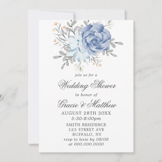 Dusty Blue Waterverf Peony Wedding Shower Invites (Voorkant)