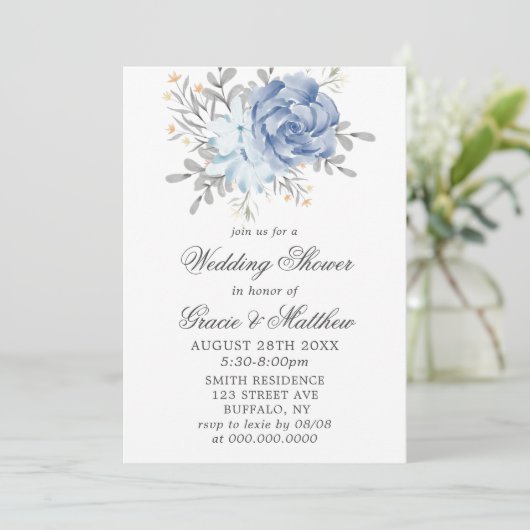 Dusty Blue Waterverf Peony Wedding Shower Invites (Staand voorkant)