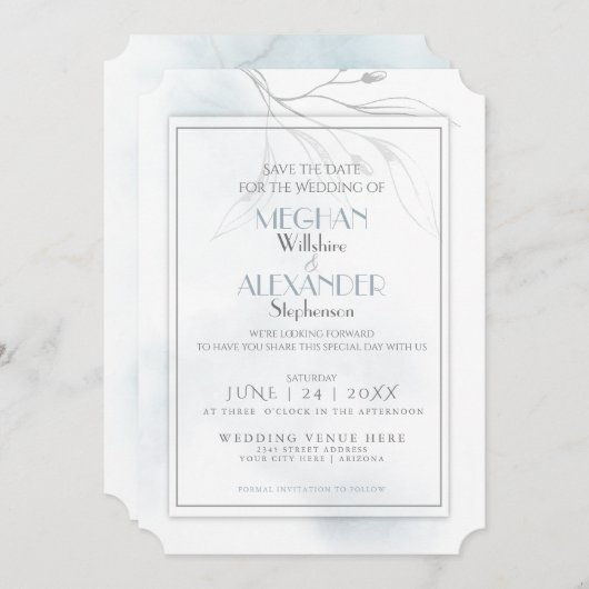Dusty Blue Waterverf Pewter Willow Branch Save The Date (Voorkant / Achterkant)