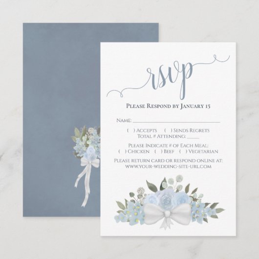 Dusty Blue Waterverf Rozen & Blossom Wedding RSVP Kaartje (Voorkant / Achterkant)