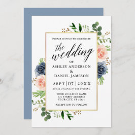 Dusty Blue Waterverf Rozen Calligraphy Wedding Kaart
