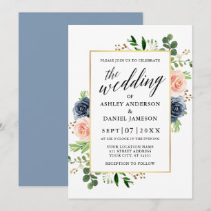 Dusty Blue Waterverf Rozen Calligraphy Wedding Kaart