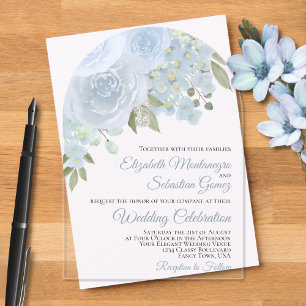 Dusty Blue Waterverf Rozen Elegant Arch Wedding Acryl Uitnodigingen