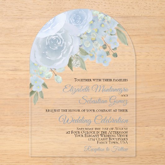 Dusty Blue Waterverf Rozen Elegant Arch Wedding Acryl Uitnodigingen (Voorkant)