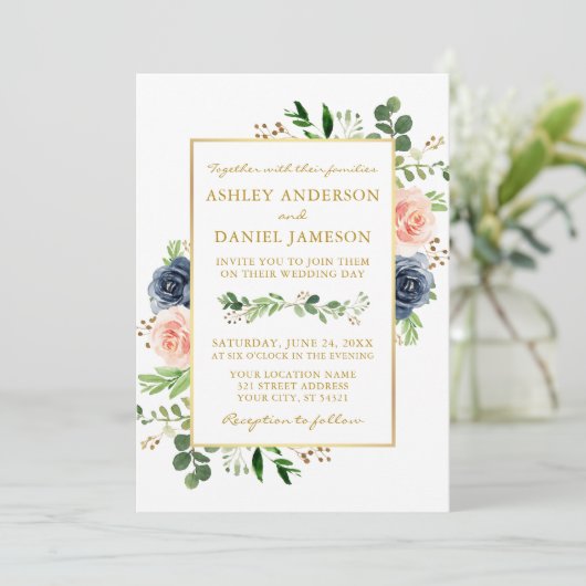 Dusty Blue Waterverf Rozen Foto Gold Wedding Kaart (Staand voorkant)