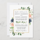 Dusty Blue Waterverf Rozen Greenery Wedding Kaart (Voorkant)