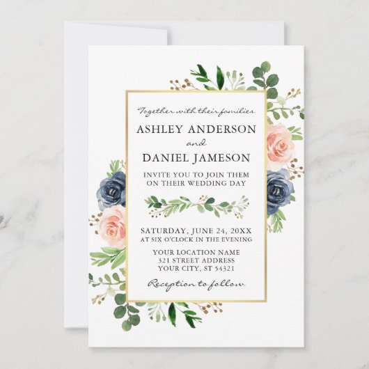 Dusty Blue Waterverf Rozen Greenery Wedding Kaart (Voorkant)
