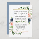 Dusty Blue Waterverf Rozen Greenery Wedding Kaart (Voorkant / Achterkant)
