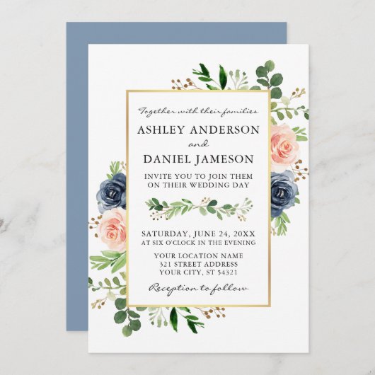 Dusty Blue Waterverf Rozen Greenery Wedding Kaart (Voorkant / Achterkant)