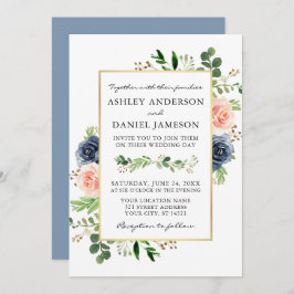 Dusty Blue Waterverf Rozen Greenery Wedding Kaart
