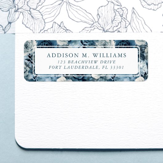 Dusty Blue Waterverf Rozen Pattern Etiket