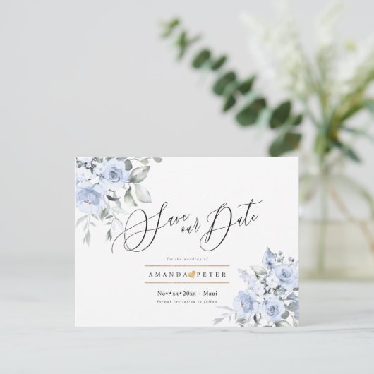 Dusty Blue Waterverf Rozen Save the Date Briefkaart (Staand voorkant)
