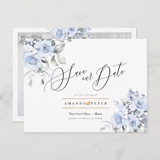 Dusty Blue Waterverf Rozen Save the Date Briefkaart (Voorkant / Achterkant)