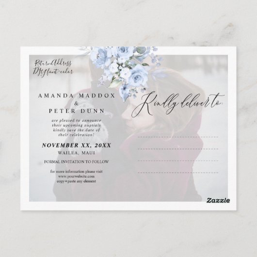 Dusty Blue Waterverf Rozen Save the Date Briefkaart (Achterkant)