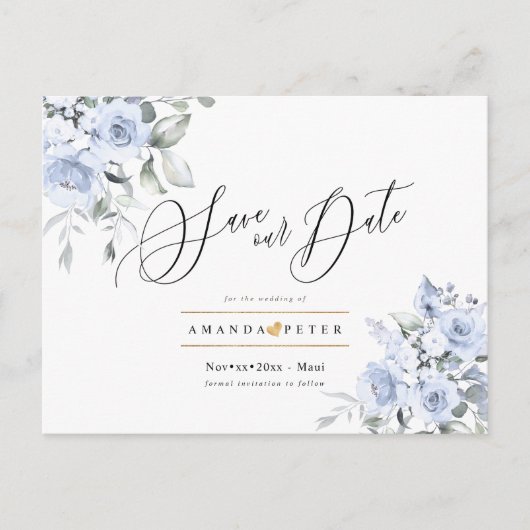 Dusty Blue Waterverf Rozen Save the Date Briefkaart (Voorkant)