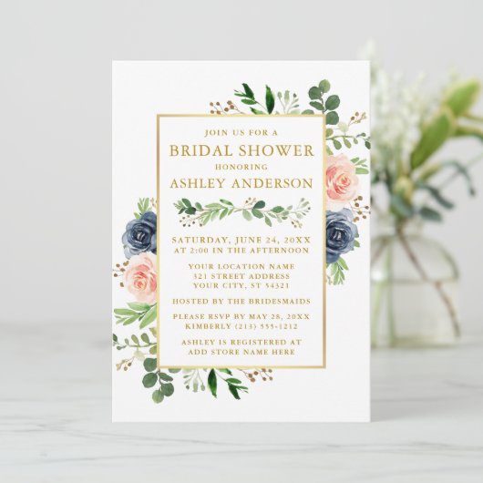 Dusty Blue Waterverf Rozen Vrijgezellenfeest Gold Kaart (Staand voorkant)